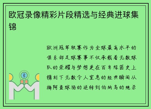 欧冠录像精彩片段精选与经典进球集锦